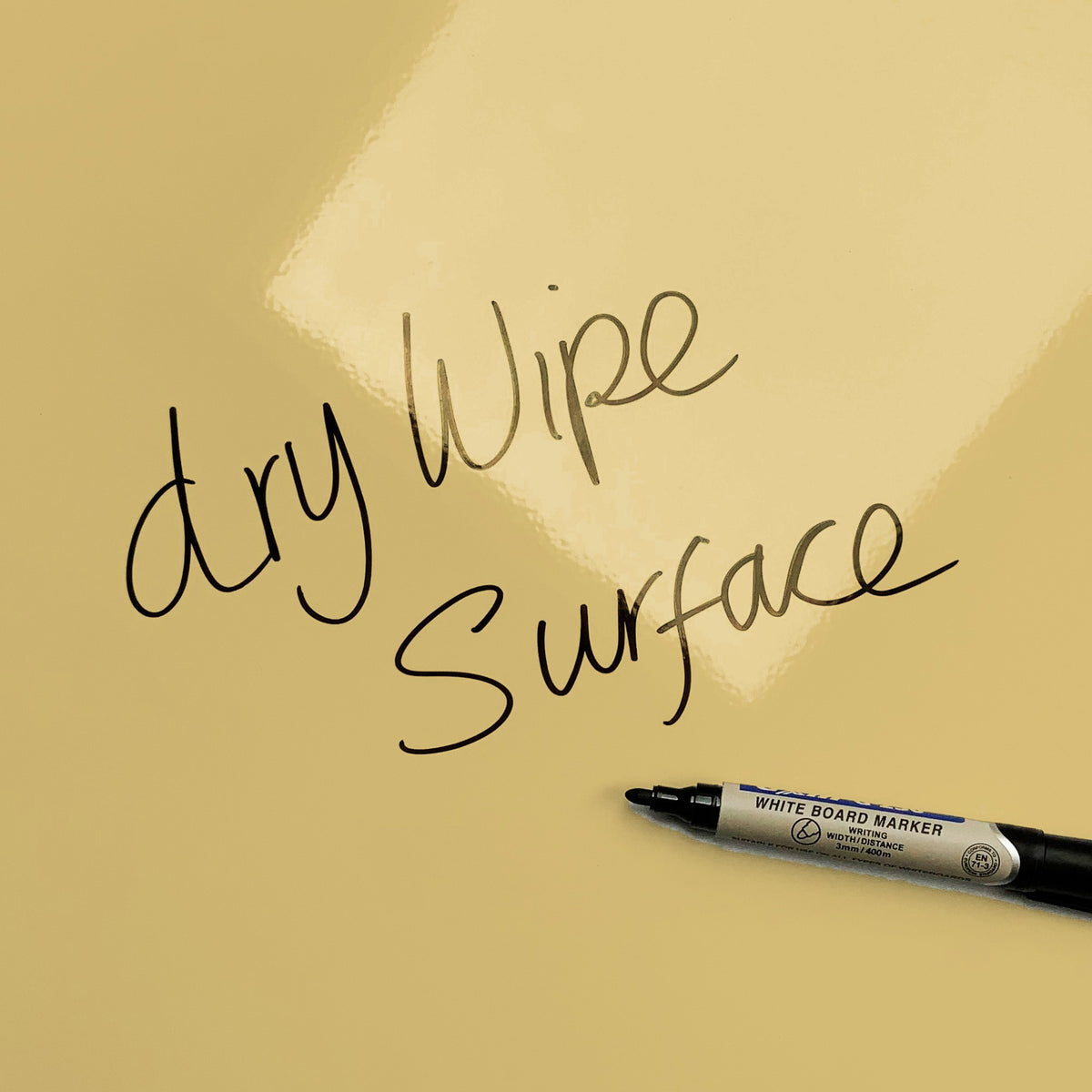 The words dry wipe surface written in marker pen on the Dandy Lion magnetic notice board