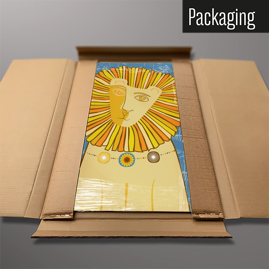 The Dandy Lion magnetic notice board packed flat in its cardboard box
