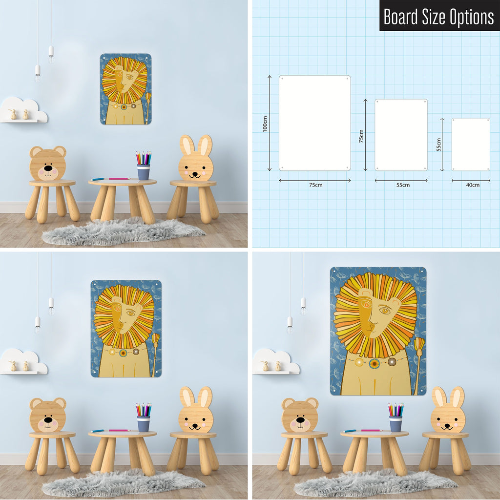 Dandy Lion magnetic notice board shown in small, medium and large, with the measurements of each