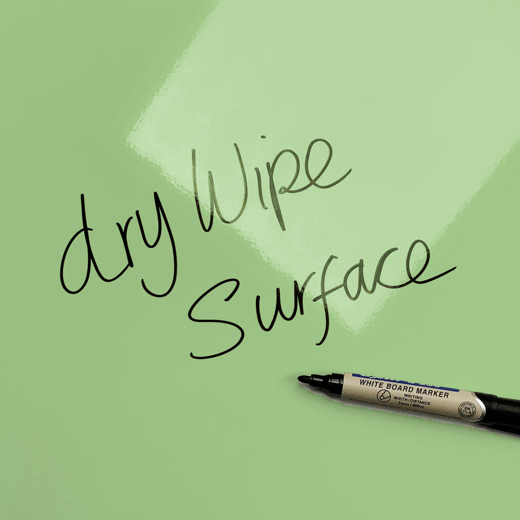 The words dry wipe surface written in marker pen on the green Dinosaur magnetic notice board
