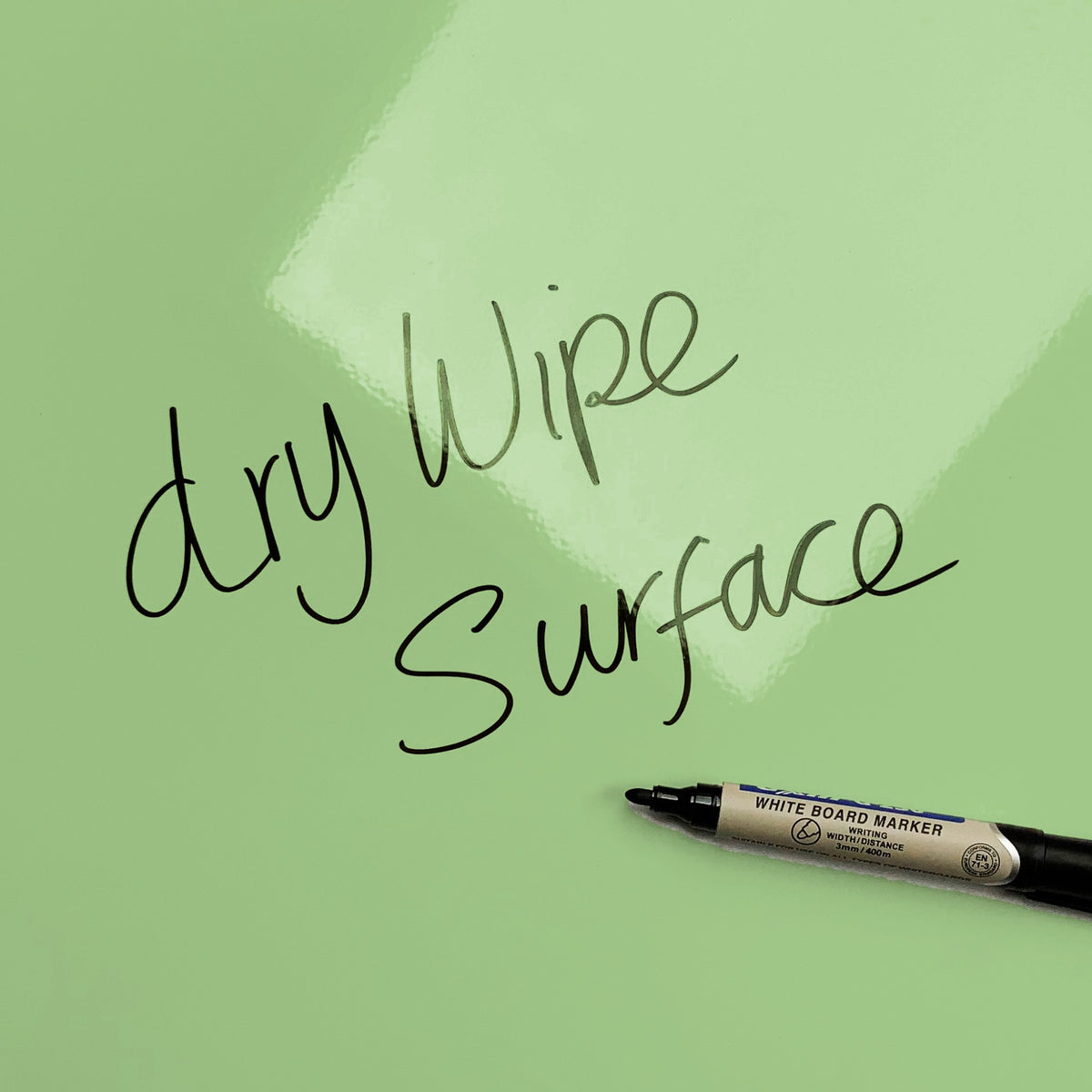 The words dry wipe surface written in marker pen on the green Dinosaur magnetic notice board
