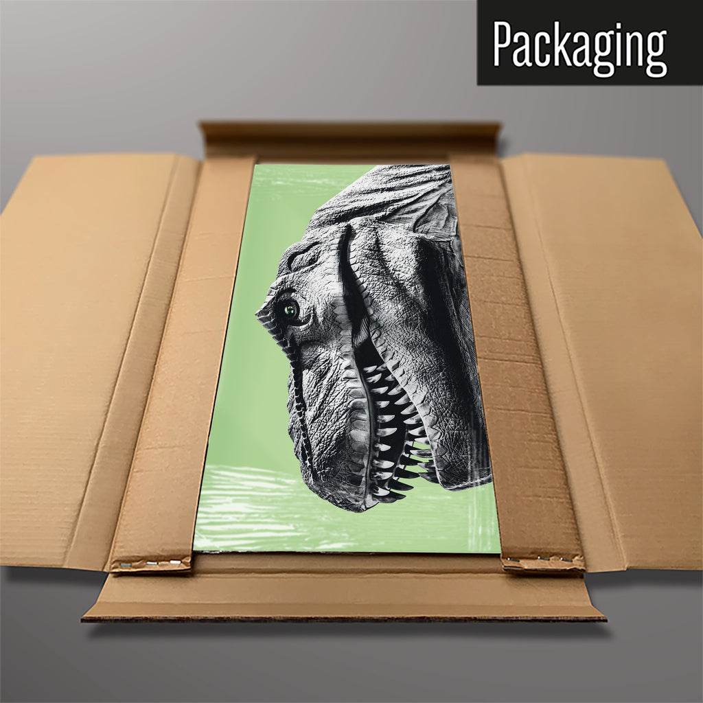The Dinosaur magnetic notice board in green packed flat in its cardboard box