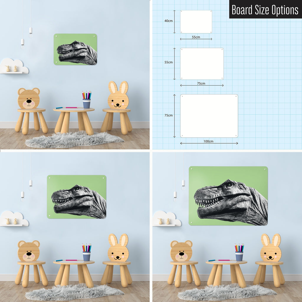Dinosaur magnetic notice board in green shown in small, medium and large, with the measurements of each