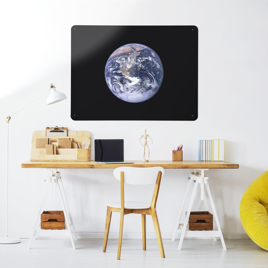 Earth From Space magnetic notice board above a desk in a home office