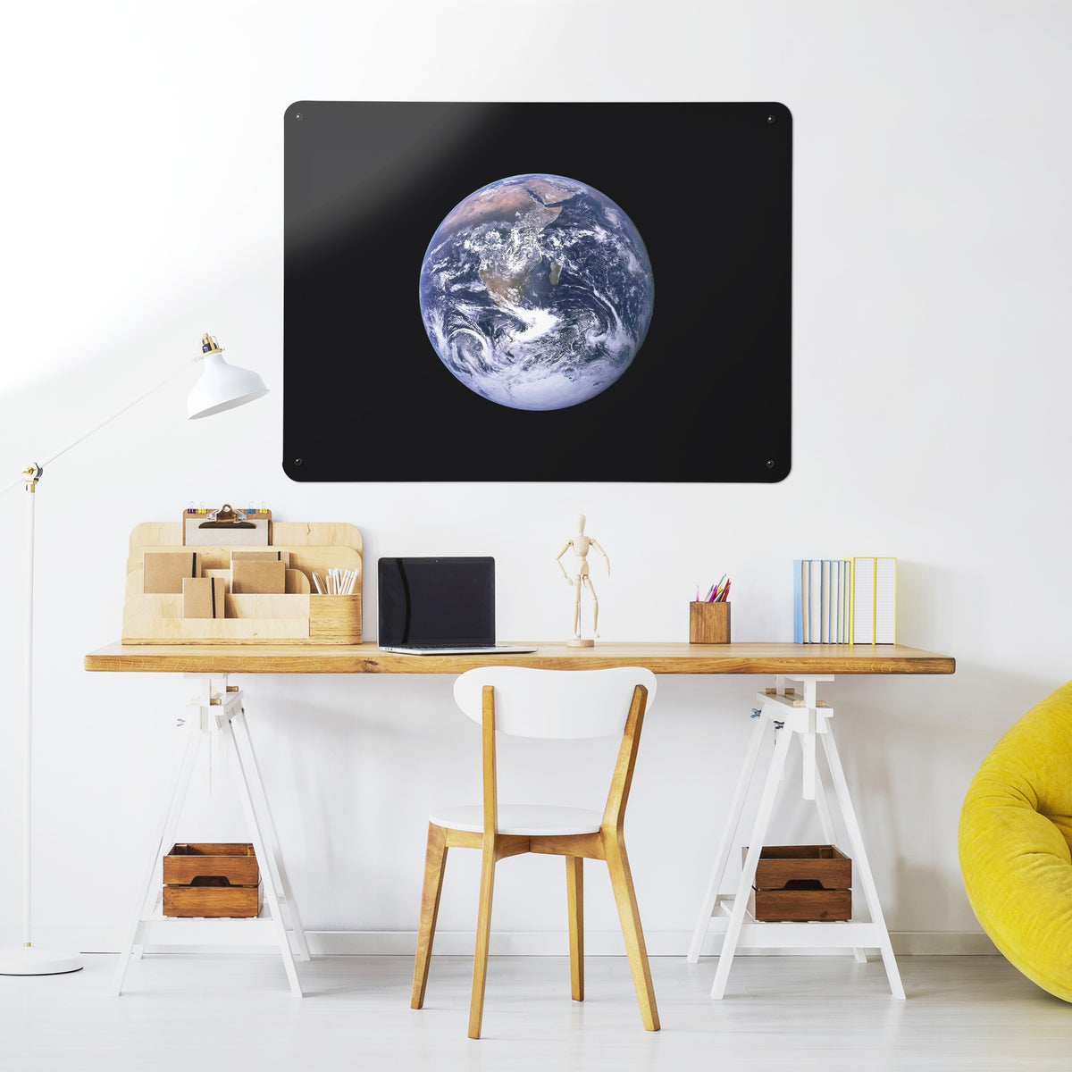 Earth From Space magnetic notice board above a desk in a home office