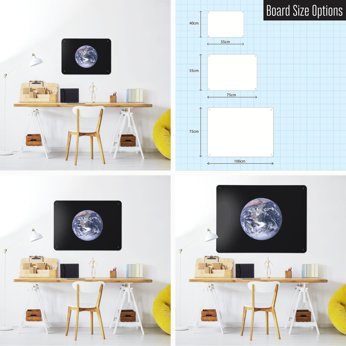 Earth From Space magnetic notice board shown in small, medium and large, with the measurements of each