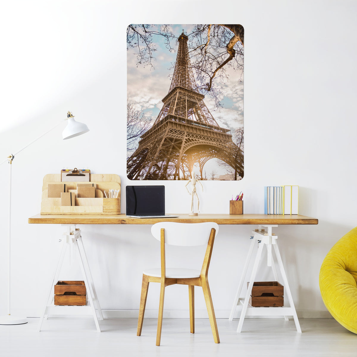 Eiffel Tower magnetic notice board above a desk in a home office