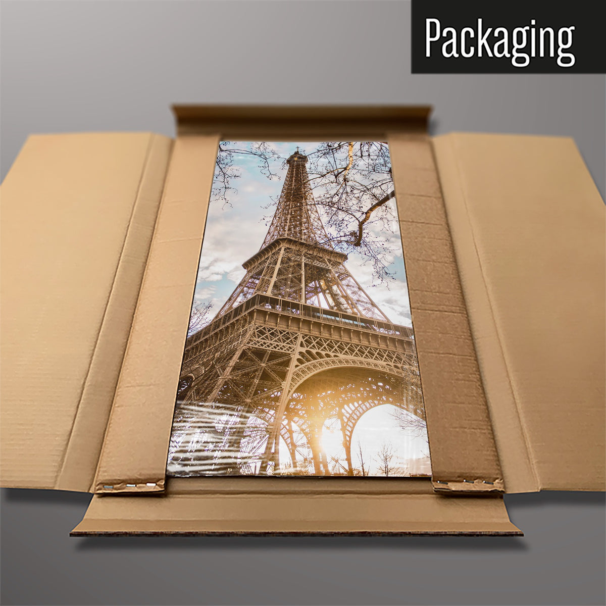 The Eiffel Tower magnetic notice board packed flat in its cardboard box