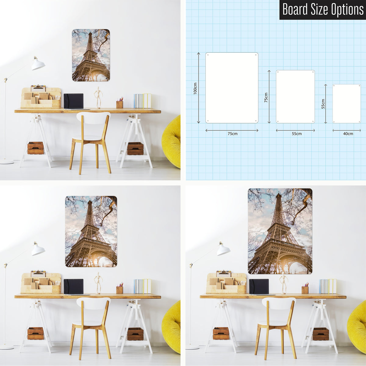 Eiffel Tower magnetic notice board shown in small, medium and large, with the measurements of each