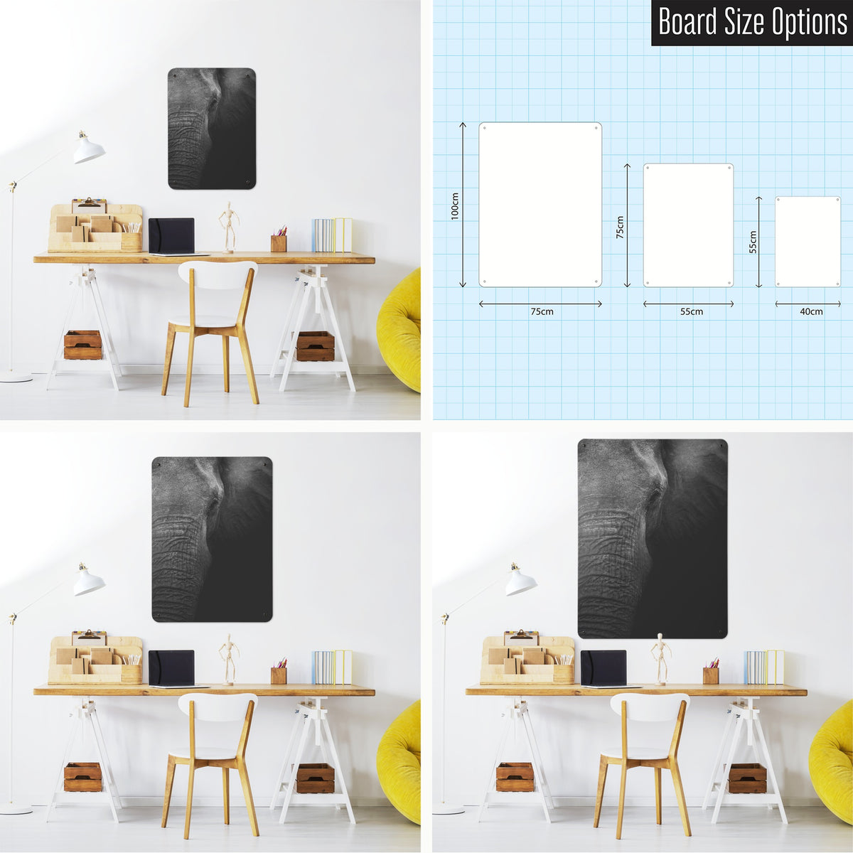 Elephant magnetic notice board shown in small, medium and large, with the measurements of each