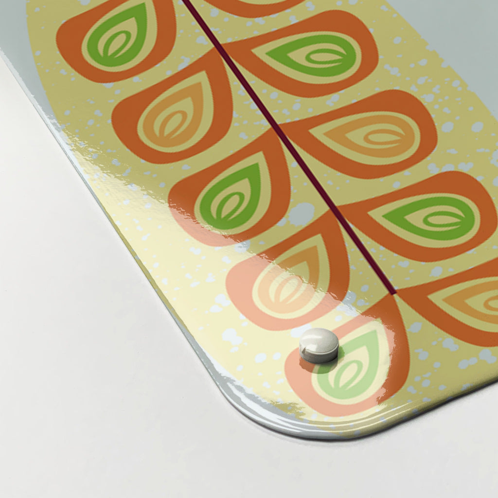 Close-up of the corner of the Exotic Fruit magnetic notice board in Exotic Fruit, showing the gloss finish and a screw cap