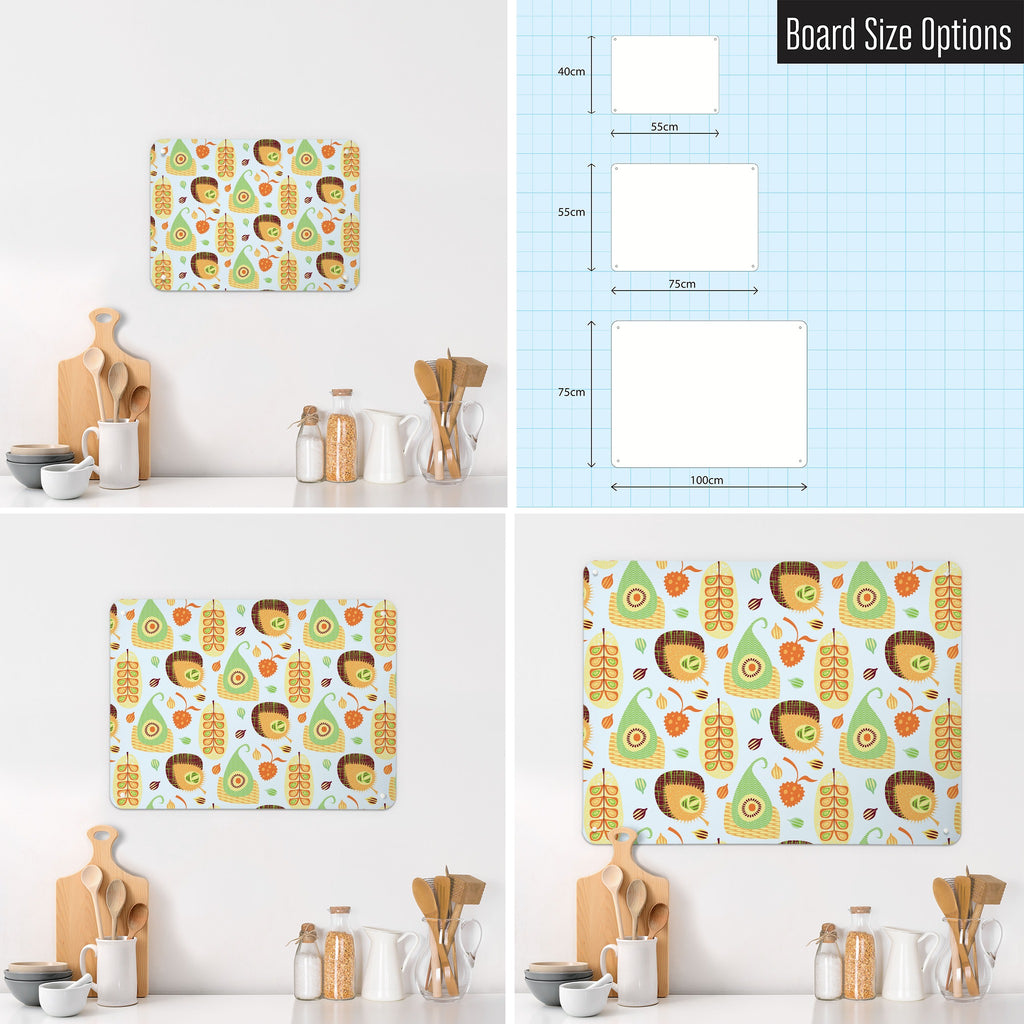 Exotic Fruit magnetic notice board in Exotic Fruit shown in small, medium and large, with the measurements of each