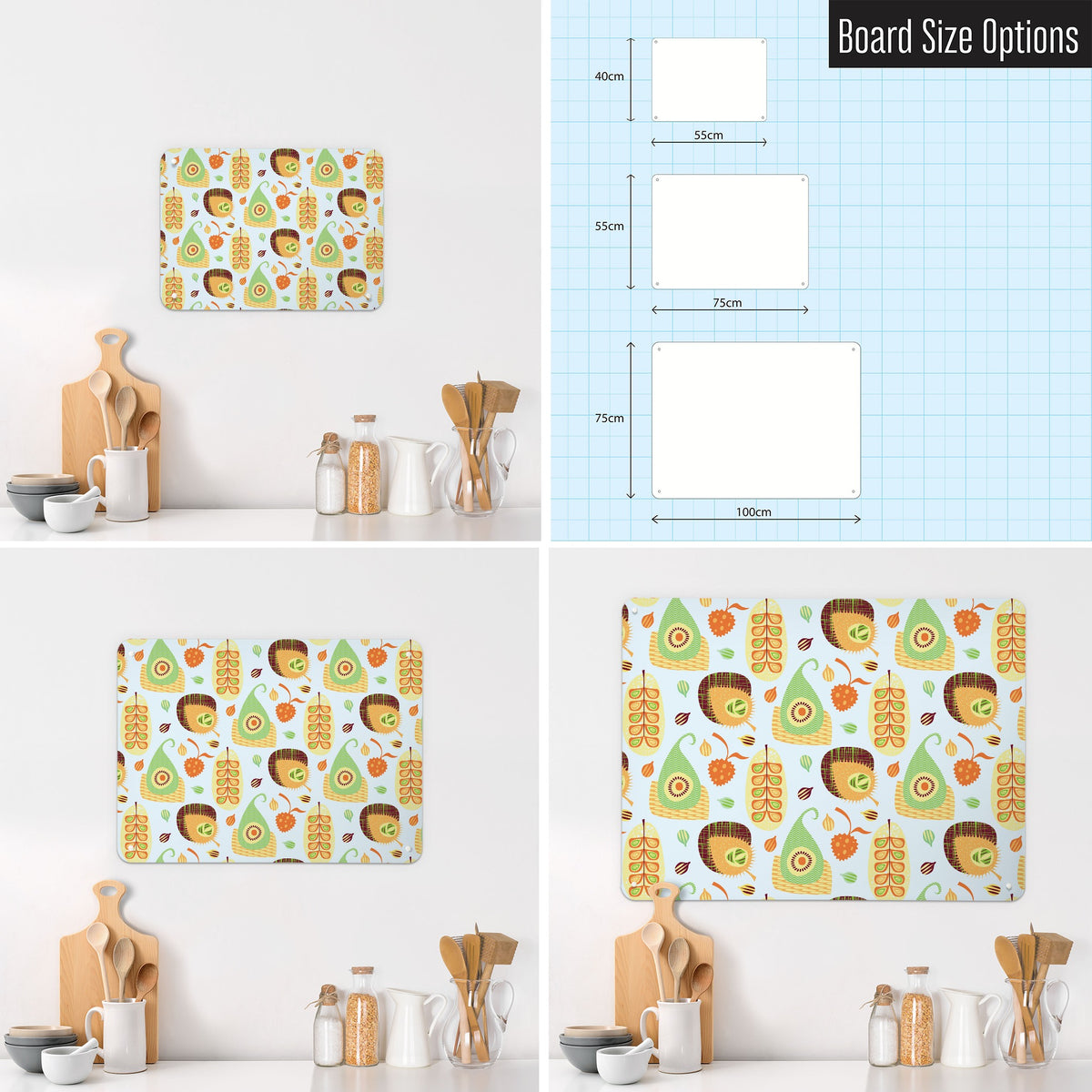 Exotic Fruit magnetic notice board in Exotic Fruit shown in small, medium and large, with the measurements of each