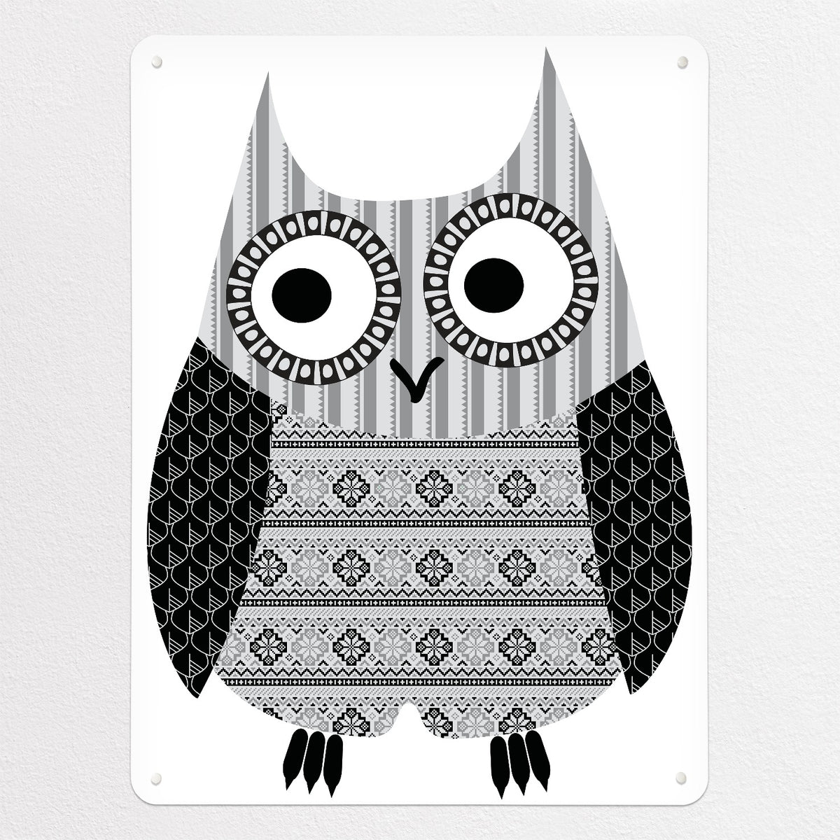 Fair Isle Owl magnetic notice board in Black and White, large size, 75 × 100 cm