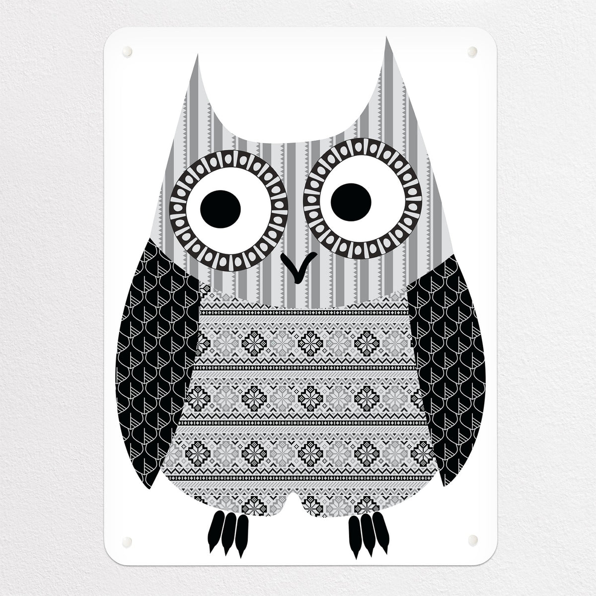 Fair Isle Owl magnetic notice board in Black and White, medium size, 55 × 75 cm