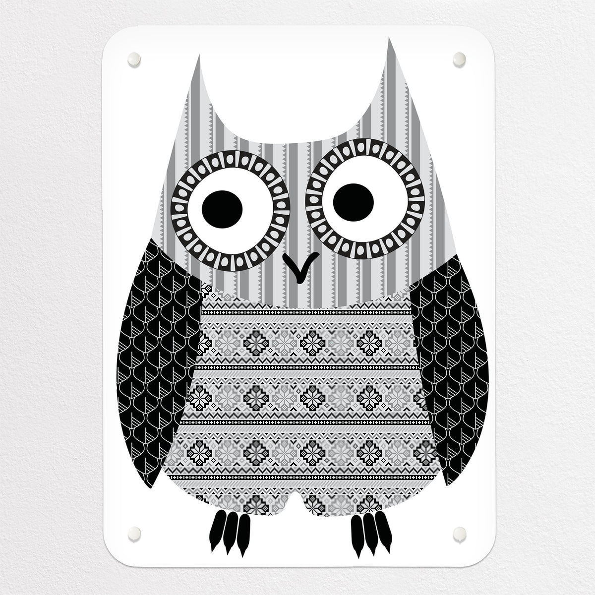 Fair Isle Owl magnetic notice board in Black and White, small size, 40 × 55 cm