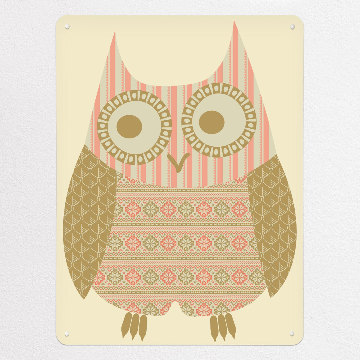 Fair Isle Owl magnetic notice board in Olive/Coral, large size, 75 × 100 cm