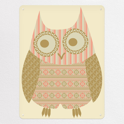 Fair Isle Owl magnetic notice board in Olive/Coral, large size, 75 × 100 cm
