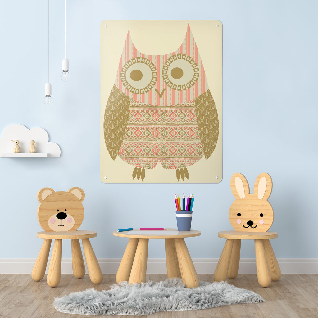 Fair Isle Owl magnetic notice board in Olive/Coral on the wall of a children's room