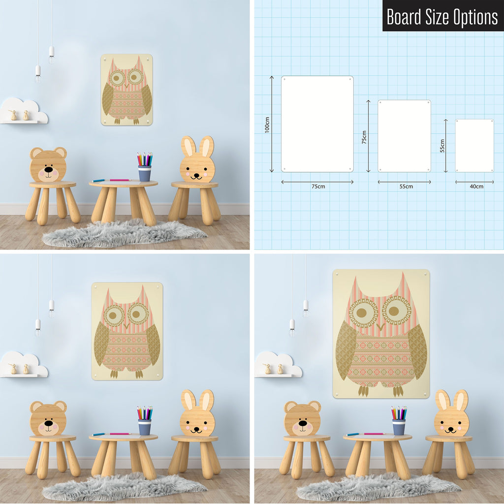 Fair Isle Owl magnetic notice board in Olive/Coral shown in small, medium and large, with the measurements of each