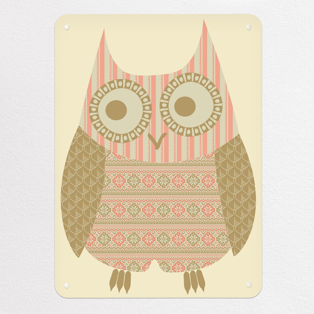 Fair Isle Owl magnetic notice board in Olive/Coral, medium size, 55 × 75 cm