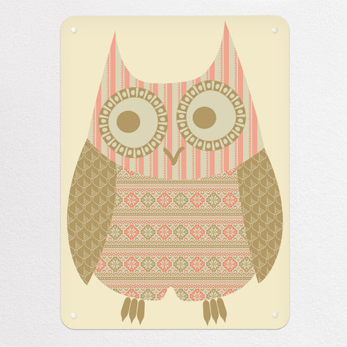 Fair Isle Owl magnetic notice board in Olive/Coral, medium size, 55 × 75 cm