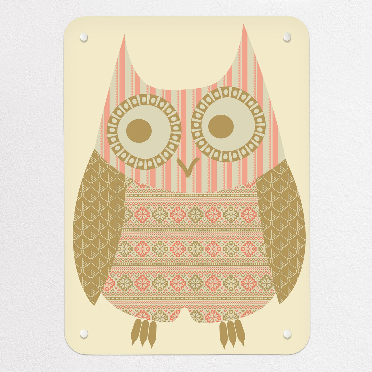 Fair Isle Owl magnetic notice board in Olive/Coral, small size, 40 × 55 cm