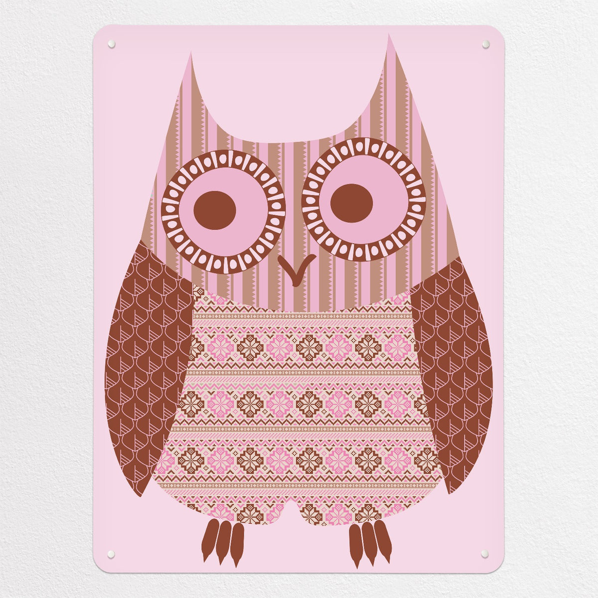 Fair Isle Owl magnetic notice board in Pink/Brown, large size, 75 × 100 cm