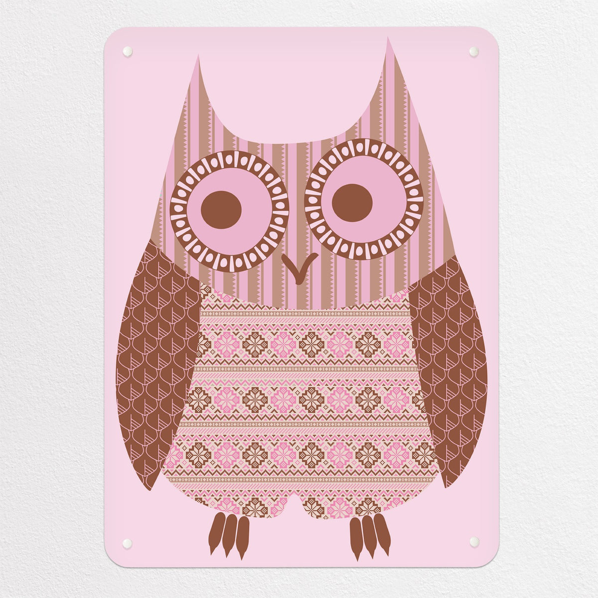 Fair Isle Owl magnetic notice board in Pink/Brown, medium size, 55 × 75 cm