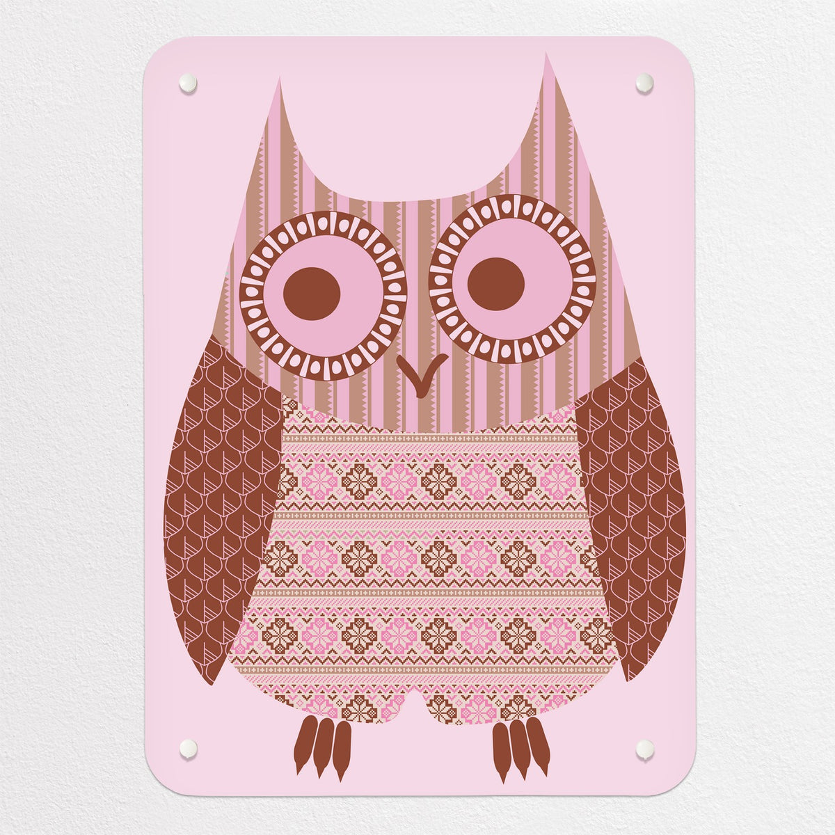 Fair Isle Owl magnetic notice board in Pink/Brown, small size, 40 × 55 cm