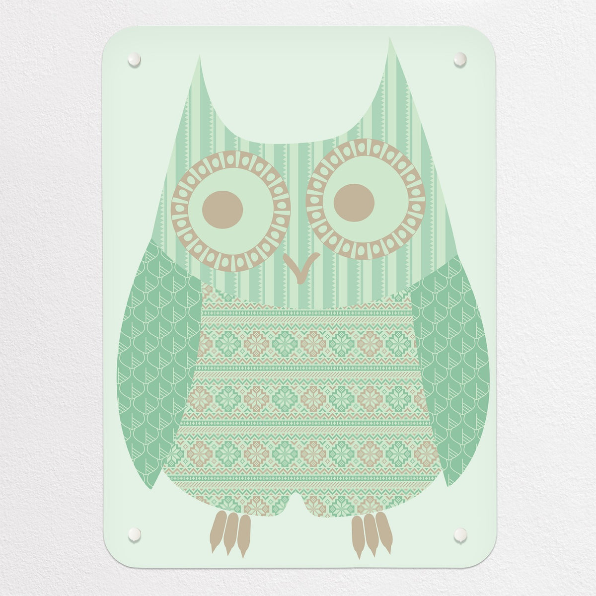 Fair Isle Owl magnetic notice board in Turquoise, small size, 40 × 55 cm