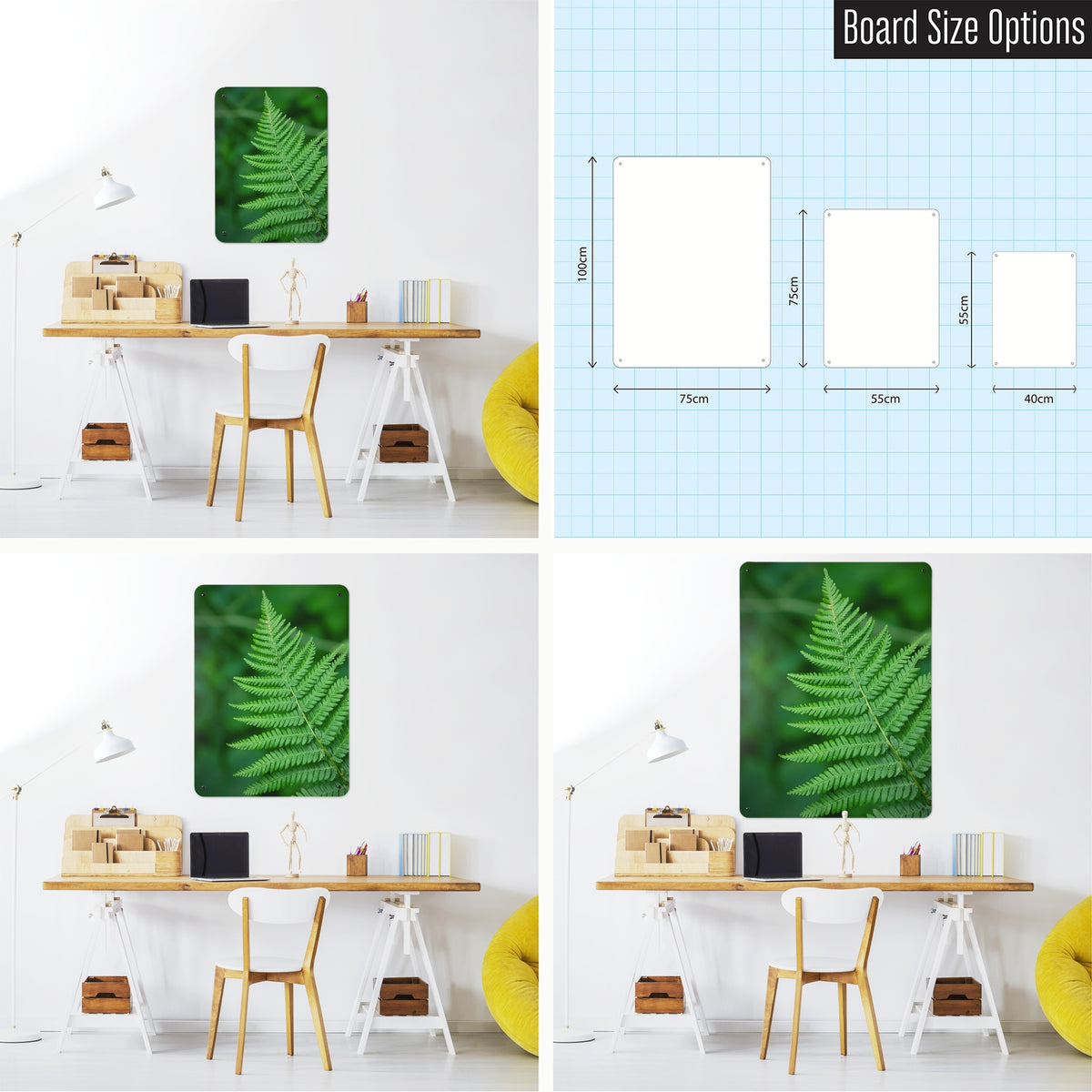 Fern magnetic notice board shown in small, medium and large, with the measurements of each