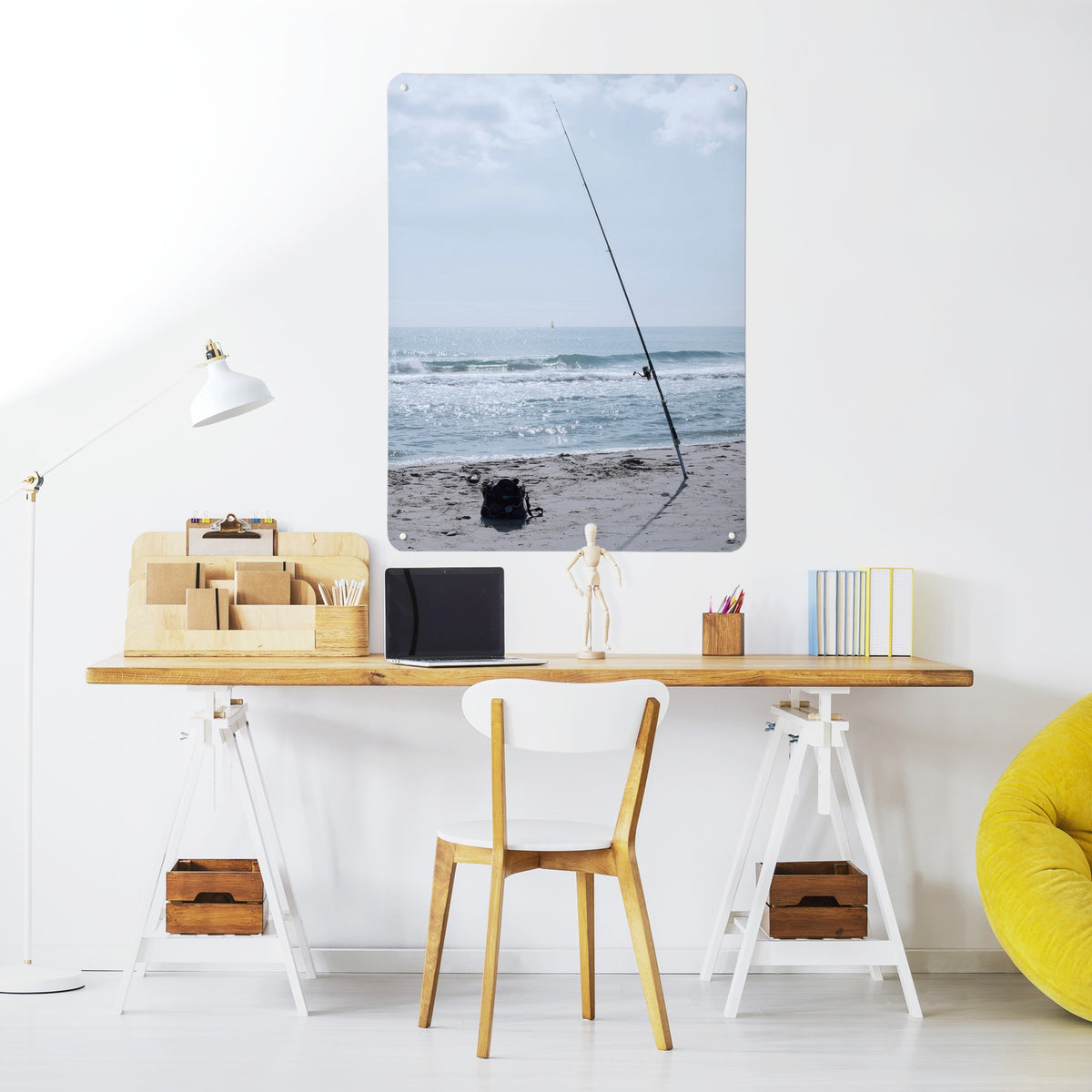 Fishing Tackle magnetic notice board above a desk in a home office