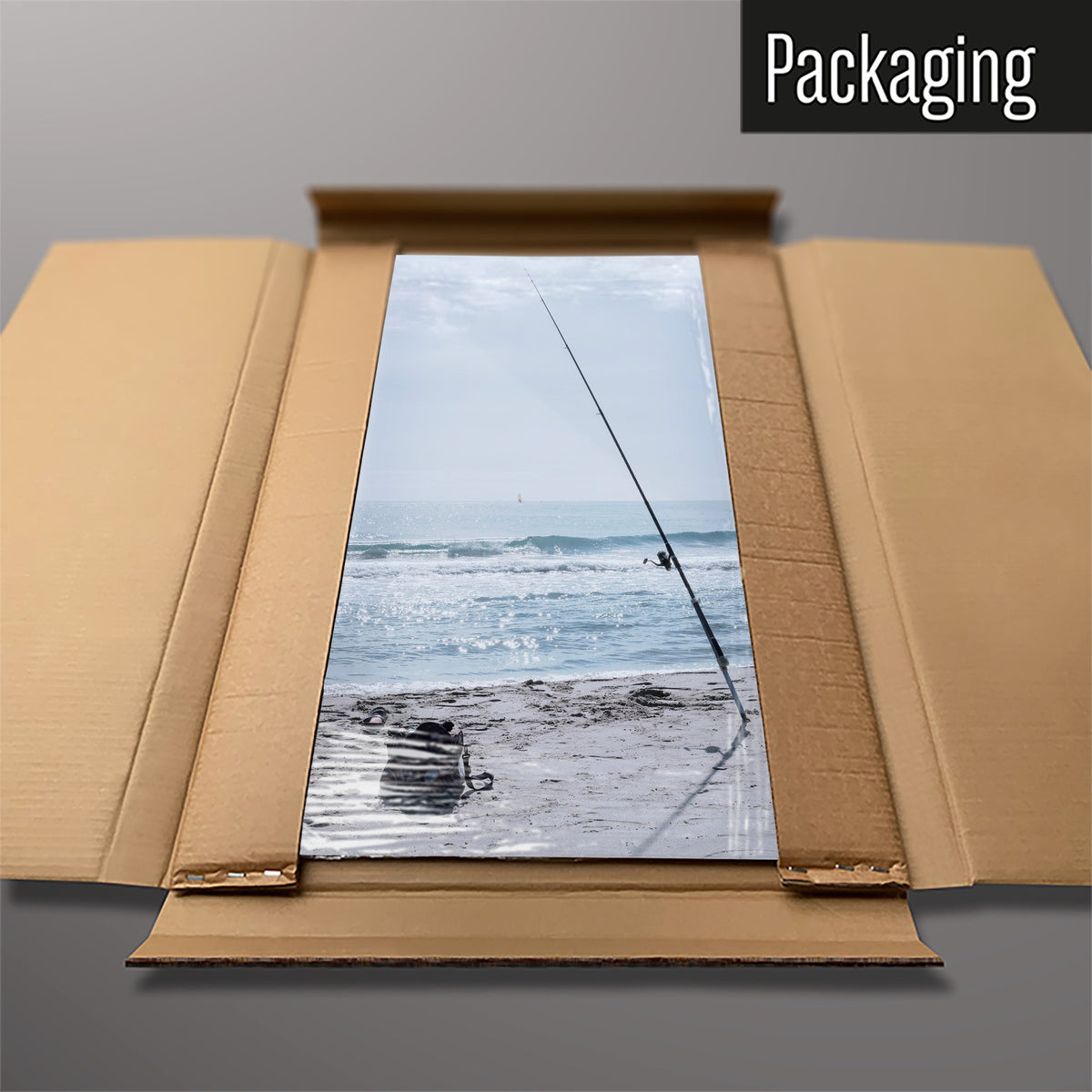 The Fishing Tackle magnetic notice board packed flat in its cardboard box