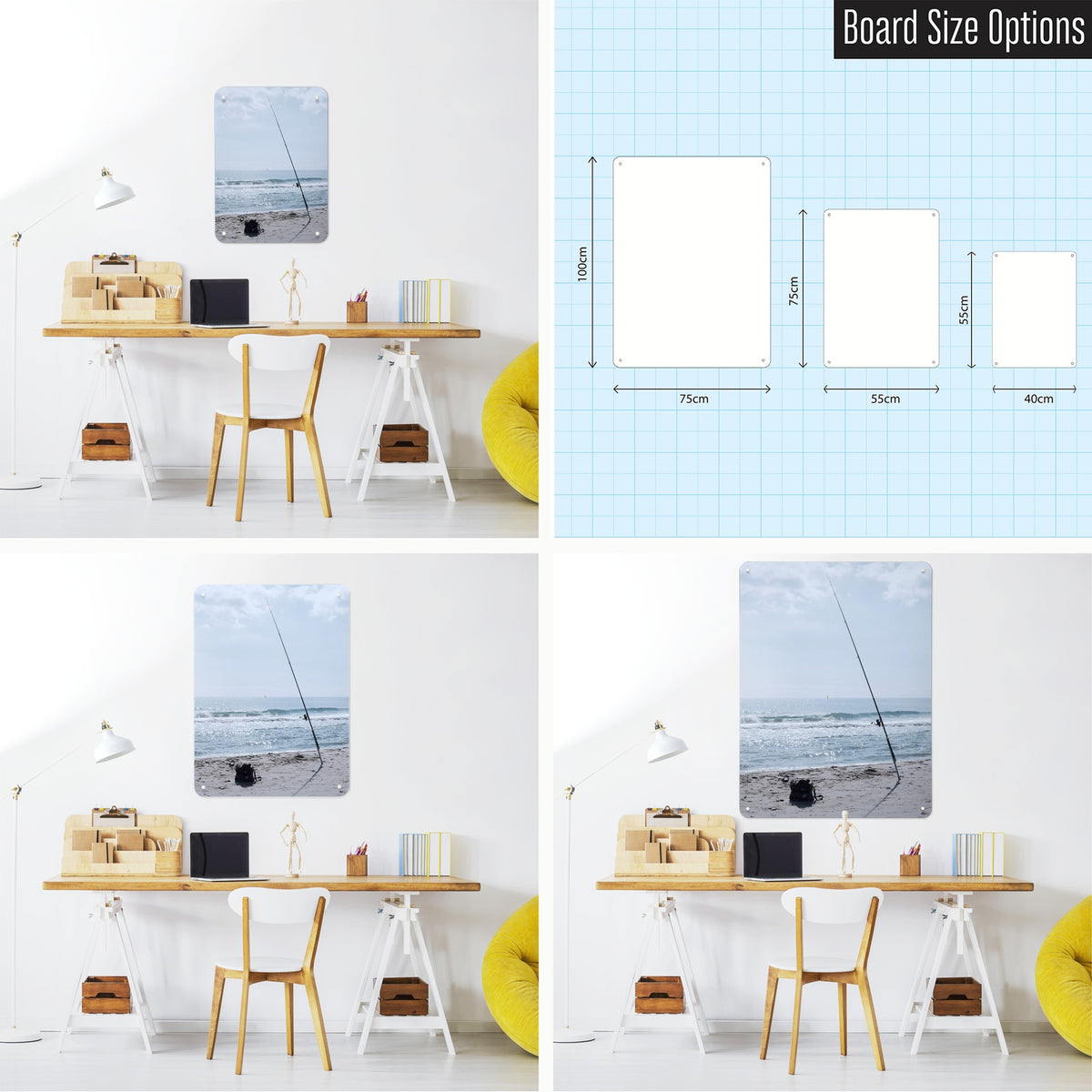 Fishing Tackle magnetic notice board shown in small, medium and large, with the measurements of each