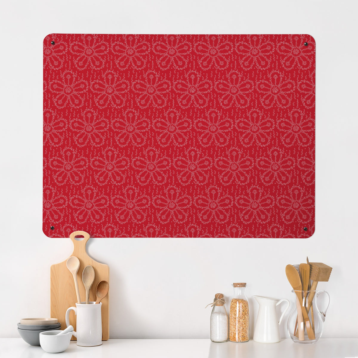 Fizzy Flowers magnetic notice board in Cherryade on a kitchen wall