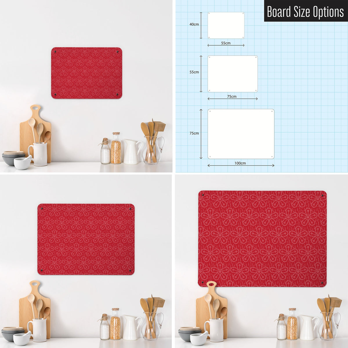 Fizzy Flowers magnetic notice board in Cherryade shown in small, medium and large, with the measurements of each