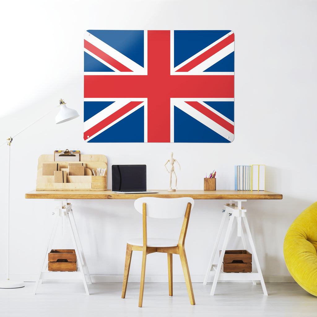 Flags magnetic notice board in Union Jack above a desk in a home office