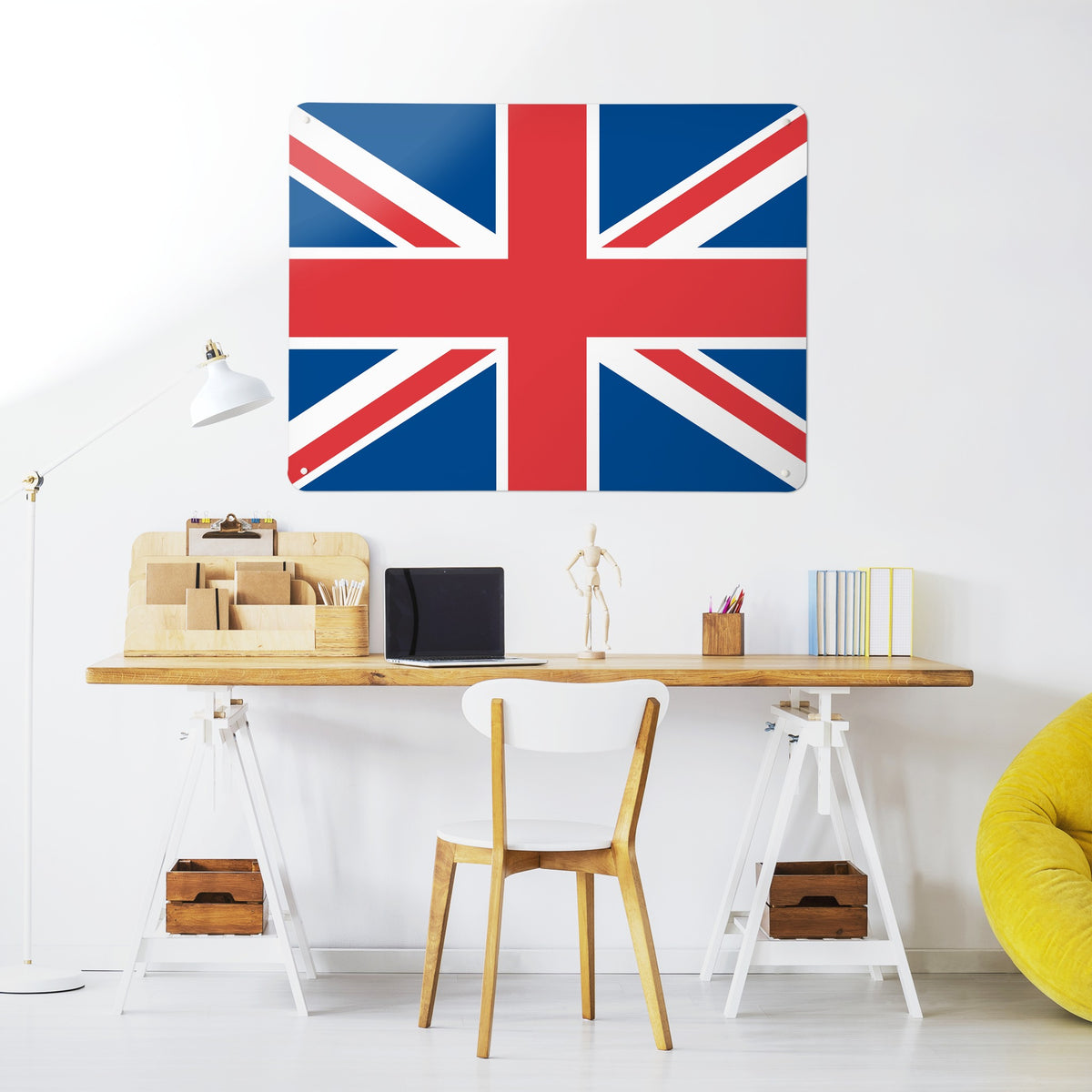 Flags magnetic notice board in Union Jack above a desk in a home office