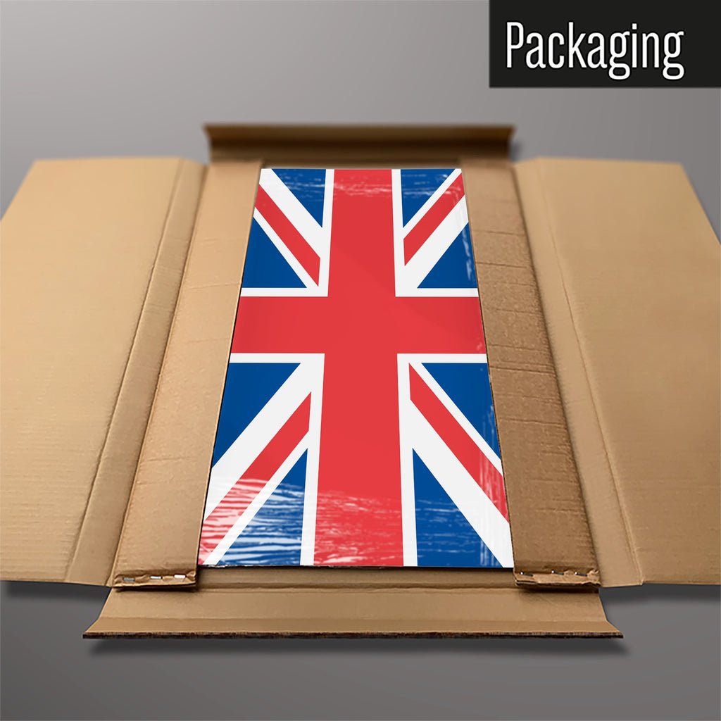 The Flags magnetic notice board in Union Jack packed flat in its cardboard box