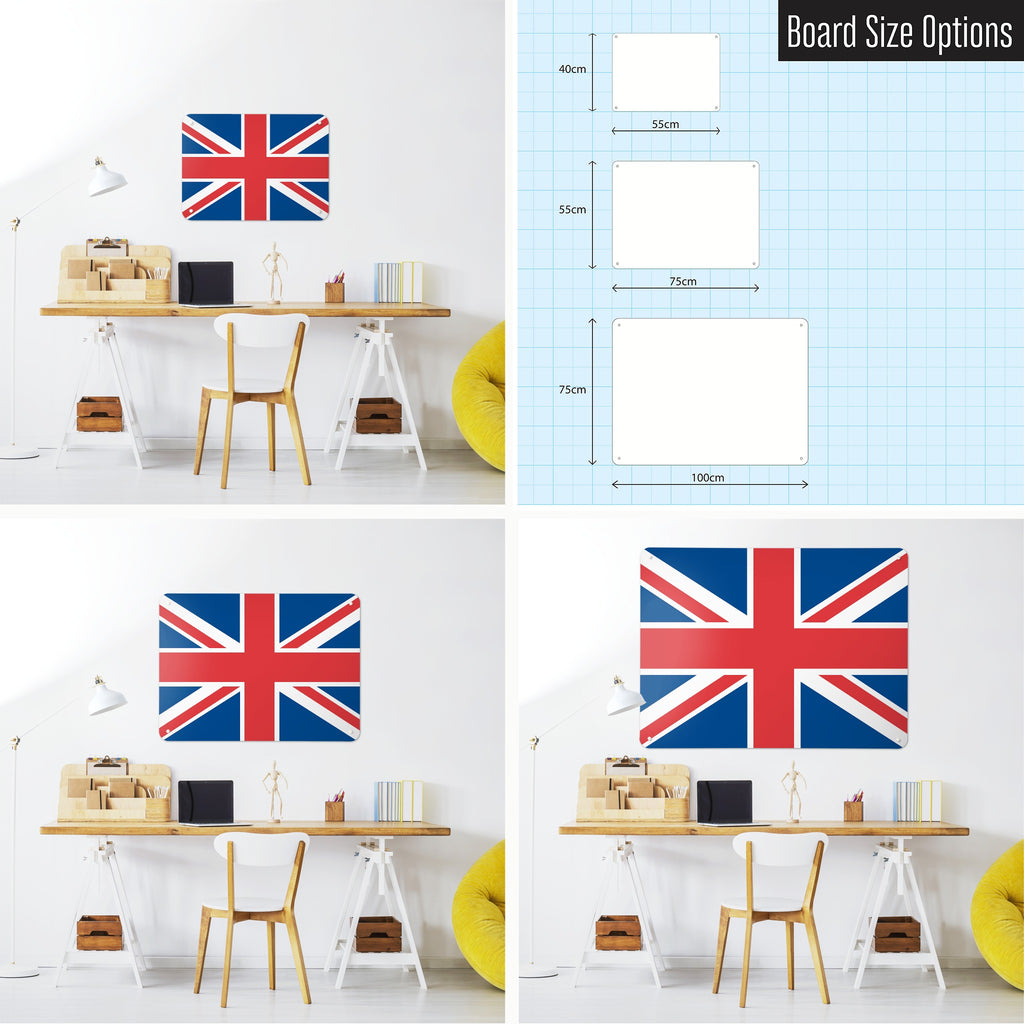 Flags magnetic notice board in Union Jack shown in small, medium and large, with the measurements of each