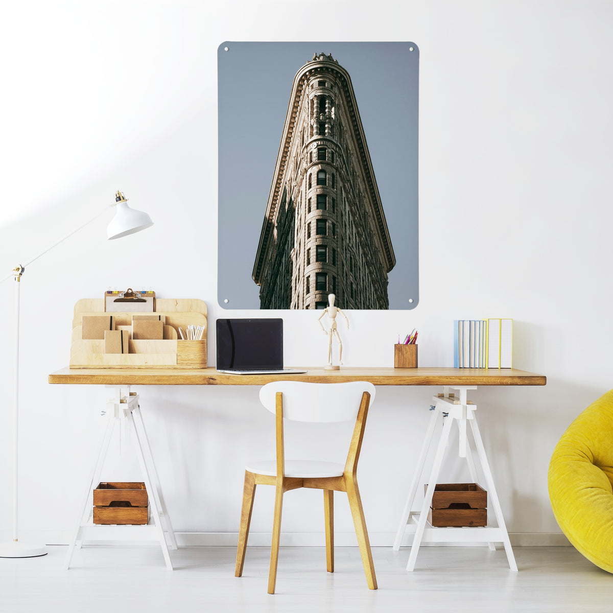 Flatiron Building magnetic notice board above a desk in a home office