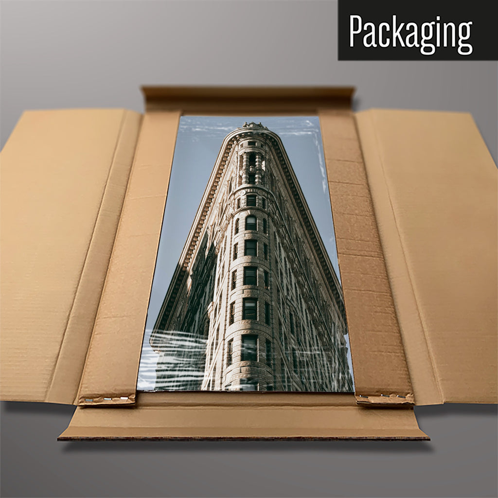 The Flatiron Building magnetic notice board packed flat in its cardboard box