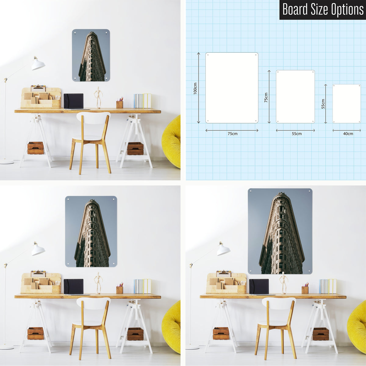 Flatiron Building magnetic notice board shown in small, medium and large, with the measurements of each