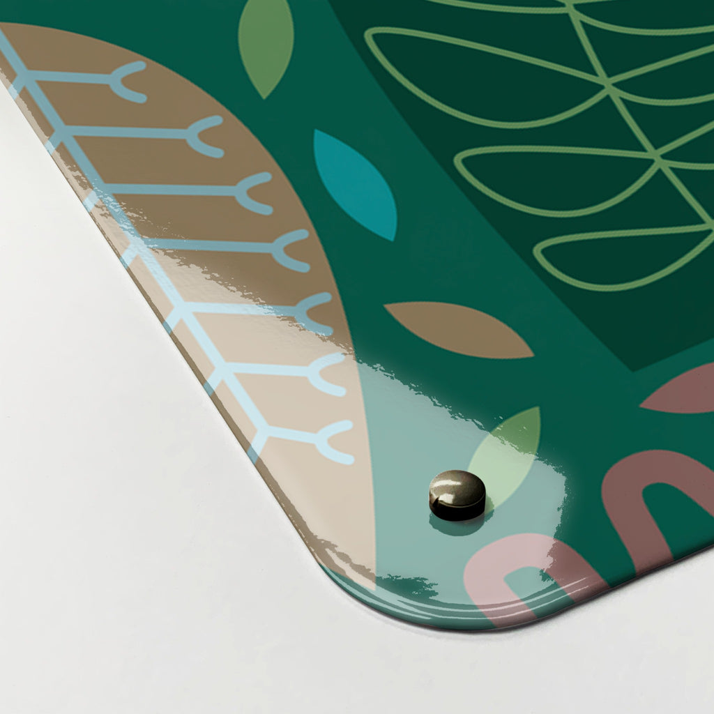 Close-up of the corner of the Forest Floor magnetic notice board, showing the gloss finish and a screw cap