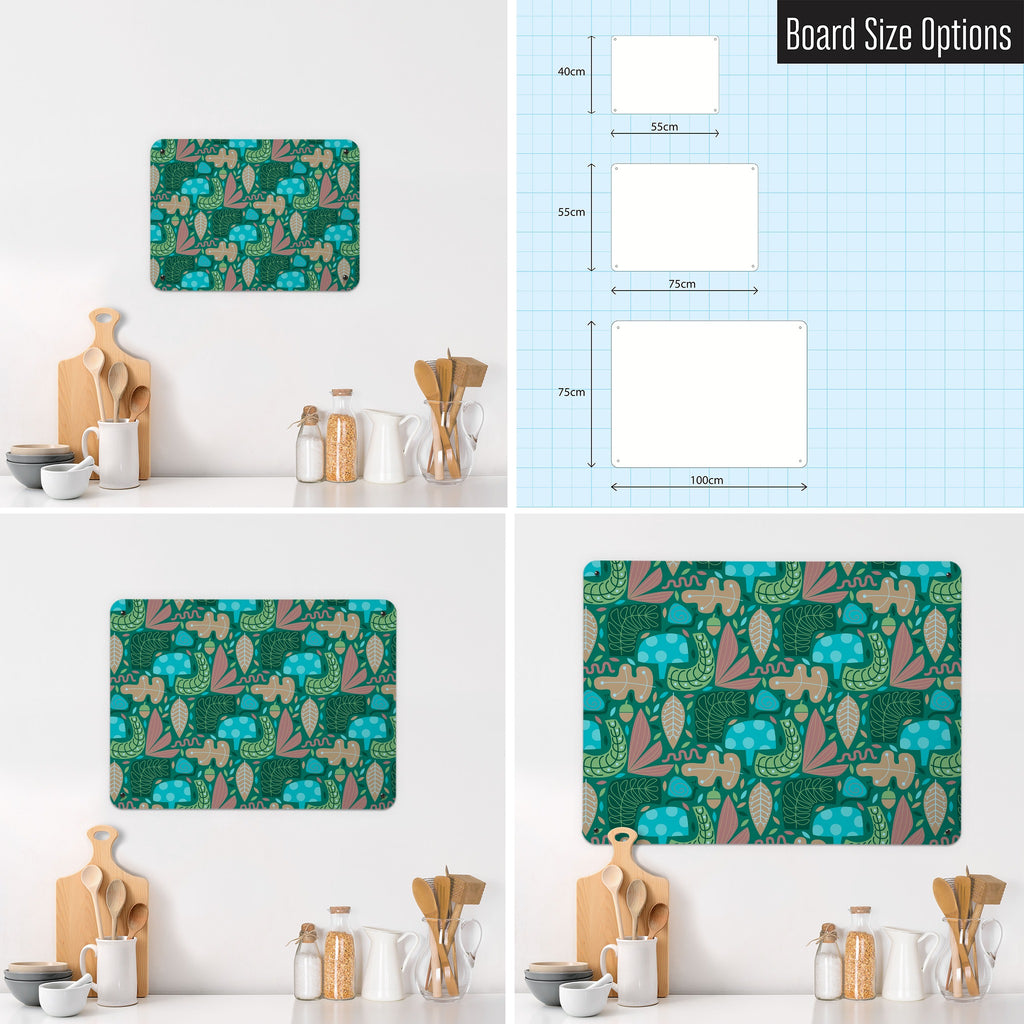 Forest Floor magnetic notice board shown in small, medium and large, with the measurements of each