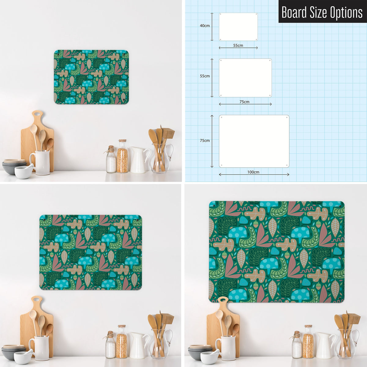 Forest Floor magnetic notice board shown in small, medium and large, with the measurements of each