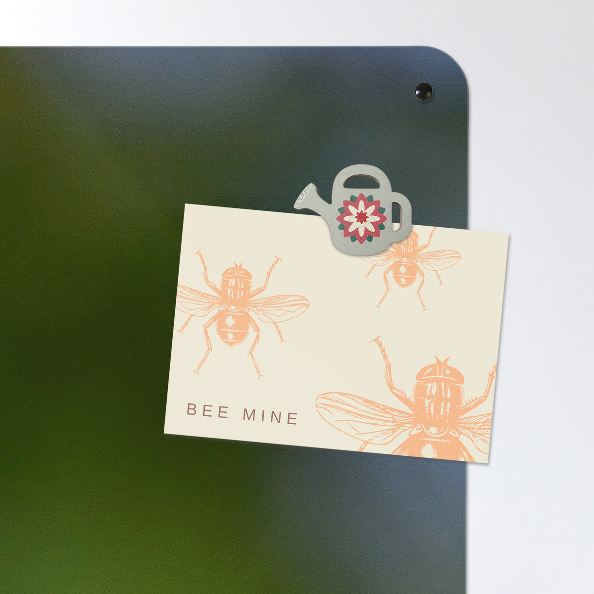 A postcard held by a fridge magnet on the Forget Me Not magnetic notice board