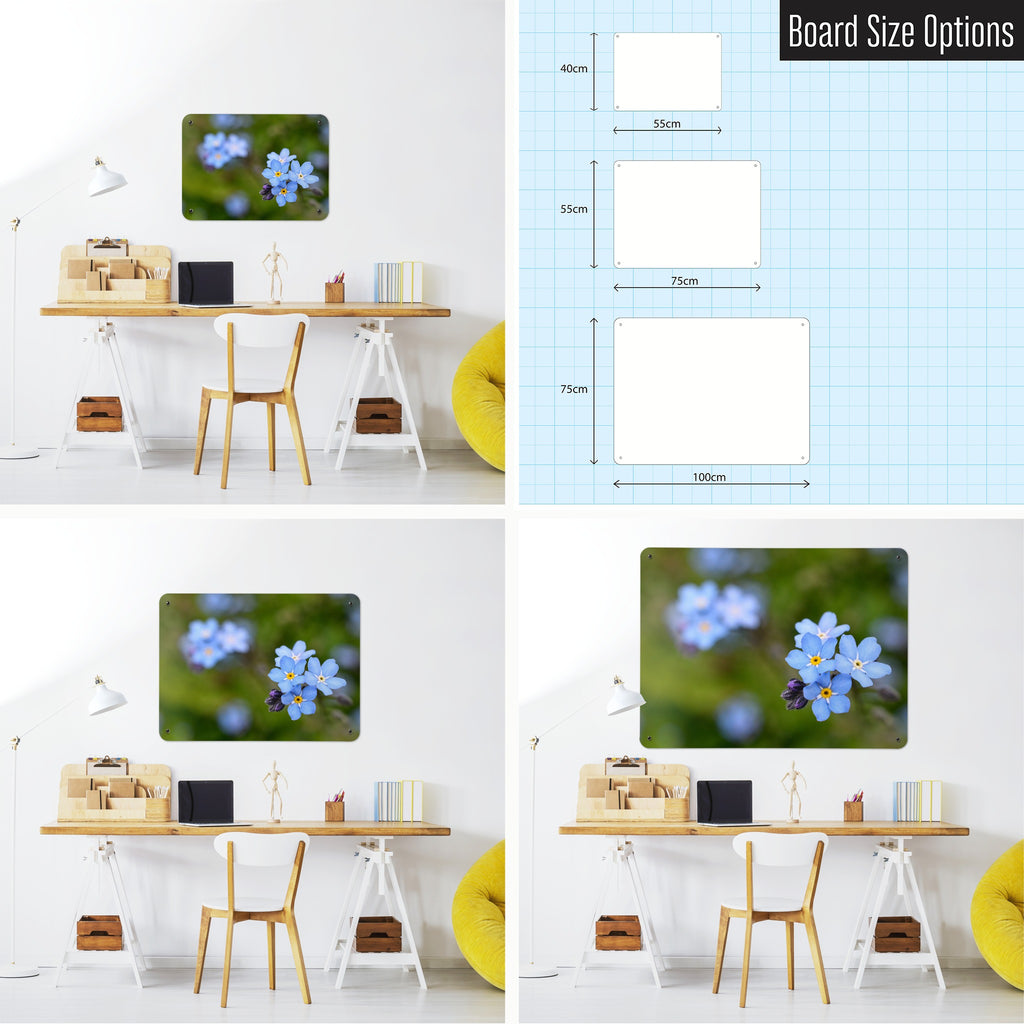 Forget Me Not magnetic notice board shown in small, medium and large, with the measurements of each