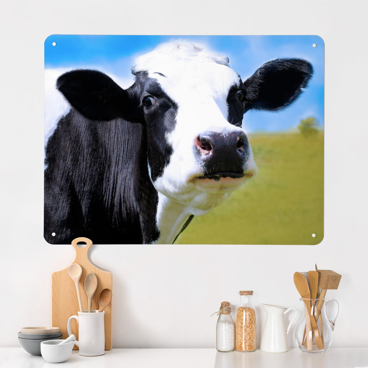 Friesian Cow magnetic notice board on a kitchen wall
